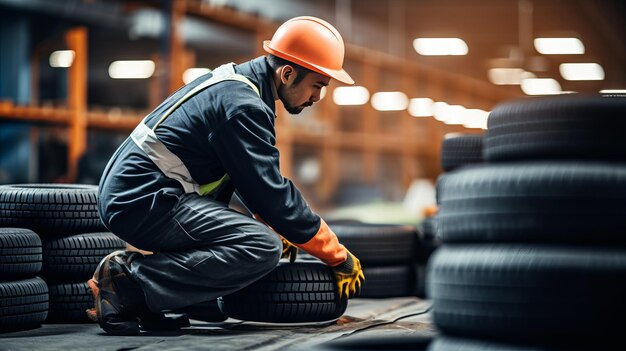 Técnico substituindo pneus em uma garagem de reparo para transporte e manutenção de automóveis