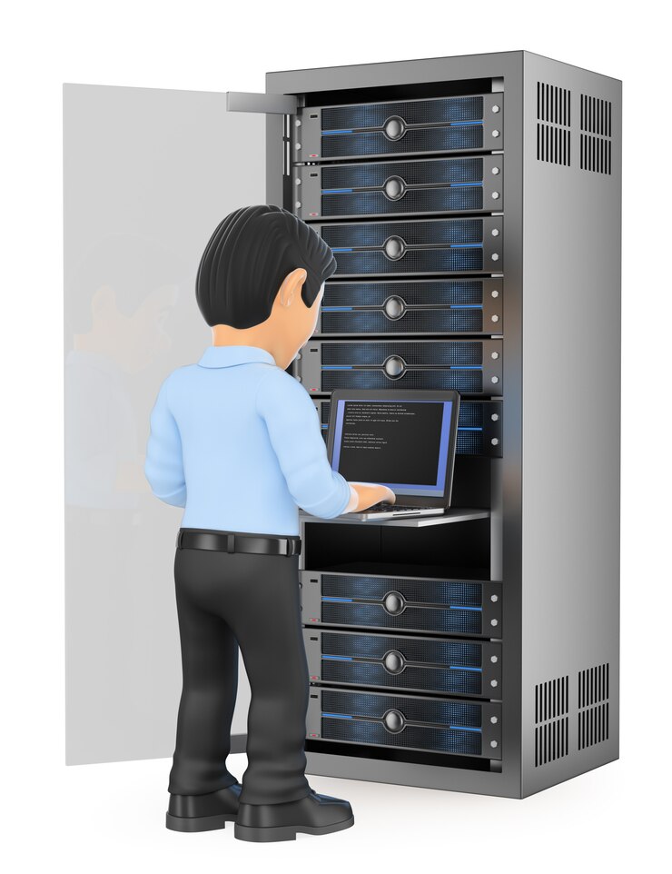 Técnico en tecnología de información 3D que trabaja en la sala de servidores de red en rack