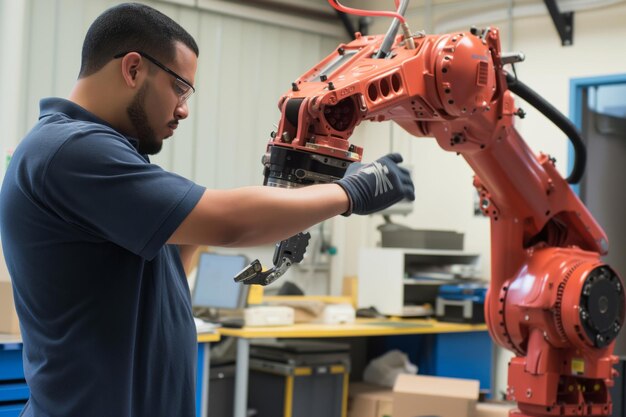 Foto técnico testando a flexibilidade do braço do robô após reparos