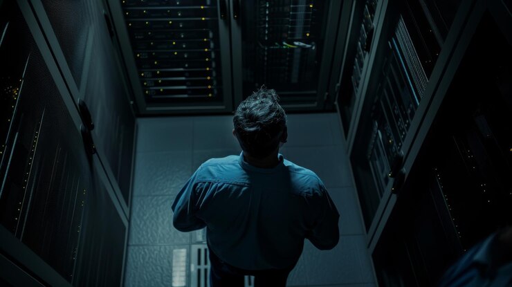 Foto técnico de ti masculino ejecutando un programa de mantenimiento en una computadora portátil que controla el rack del servidor operativo
