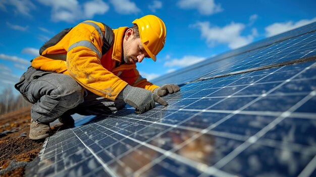 Técnico trabajador comprobando y operando el sistema de paneles solares en el techo de la planta de energía de la granja de células solares.
