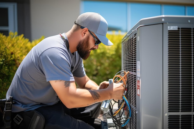 Técnico trabajando en aire acondicionado al aire libre