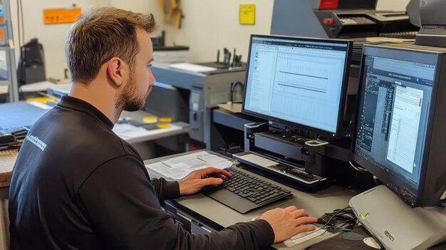 Técnico trabajando en monitores duales analizando datos y usando el teclado