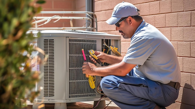 Un técnico trabajando en una unidad de aire acondicionado al aire libre