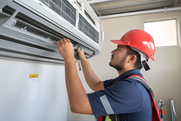 Técnico trabajando en unidad interior de aire acondicionado Hombre con casco y gafas protectoras HVAC