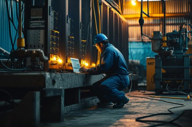 Técnico con uniforme azul y casco de seguridad trabaja en una computadora portátil mientras repara maquinaria industrial