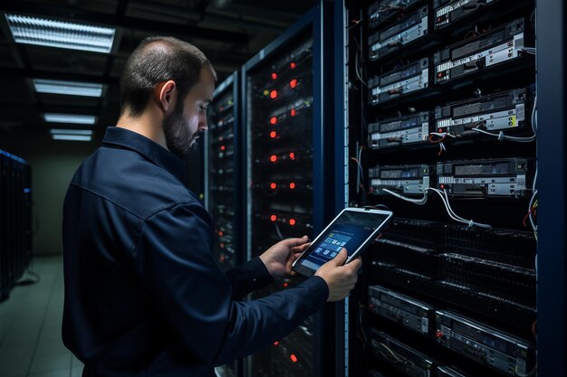 Técnico usando una tableta para monitorear el estado del servidor