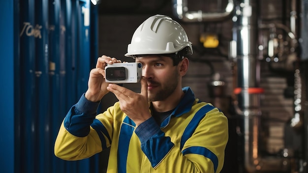 Foto el técnico utiliza una cámara digital para comprobar la obstrucción del intercambiador de calor