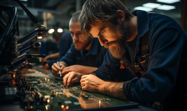 Foto técnicos a trabalhar num computador numa fábrica conceito de tecnologia e engenharia