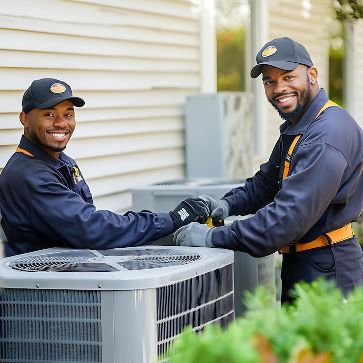 Técnicos afroamericanos calificados de HVAC en acción