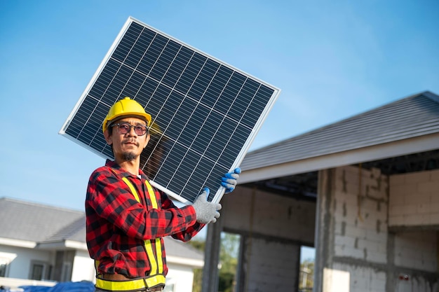 Técnicos carregando painéis solares prontos para serem instalados no telhado de um conjunto habitacional conceito de economia de energia e economia de custos Possui uma pequena empresa instalando painéis solares