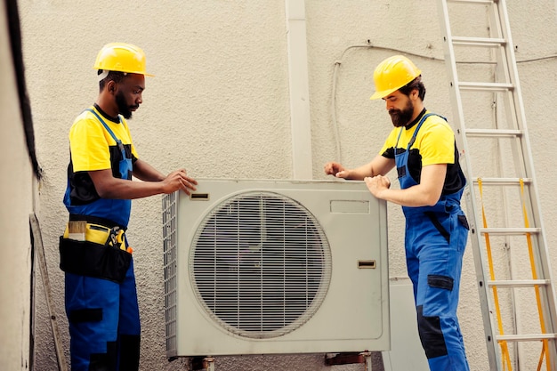 Técnicos certificados em equipe começam a trabalhar em um sistema hvac quebrado, desmontando o painel da bobina do condensador.