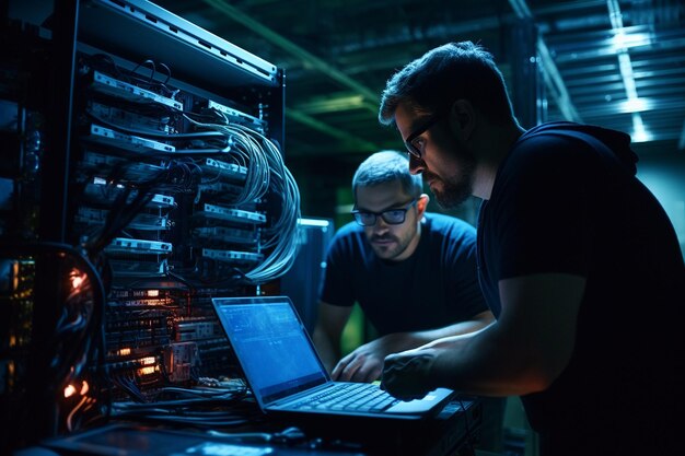 Técnicos colaborando em um laptop na frente de um rack de servidor