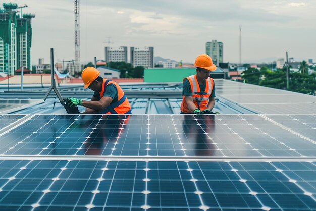 Foto técnicos de energias renováveis inspeccionam painéis solares num telhado para garantir a eficiência e a eficiência ótimas