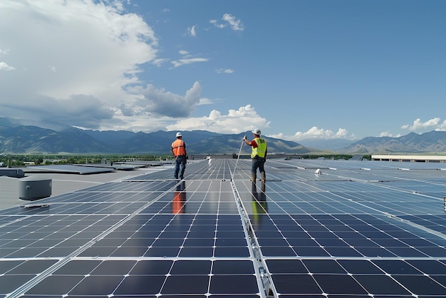 Foto técnicos de energias renováveis inspeccionam painéis solares num telhado para garantir a eficiência e a eficiência ótimas