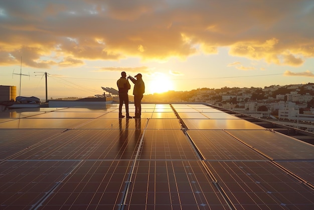 Foto técnicos de energias renováveis inspeccionam painéis solares num telhado para garantir a eficiência e a eficiência ótimas