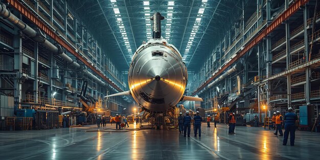 Técnicos de foguetes estão trabalhando em um sistema aeroespacial em um espaço de linha de montagem IA generativa