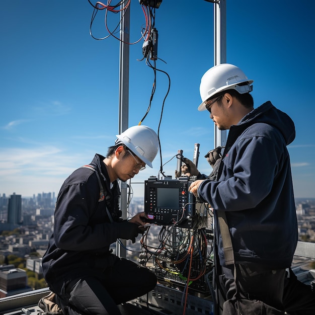 Foto técnicos de torre inspecionando equipamentos em uma torre de transmissão com o horizonte da cidade ia geradora