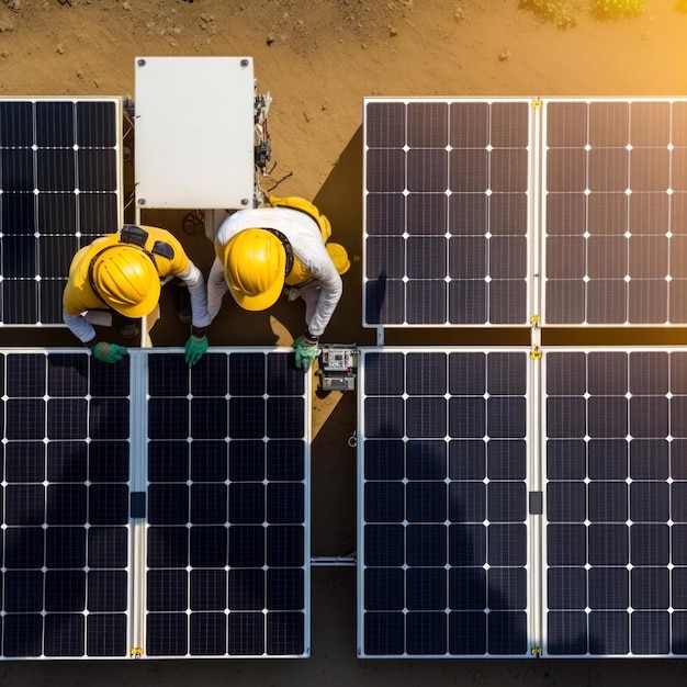 Técnicos de vista aérea instalando painéis solares na transformação de energia doméstica com IA generativa