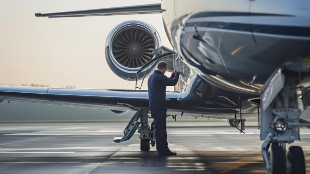 los técnicos están comprobando el motor de un avión privado en la pista del aeropuerto durante el día