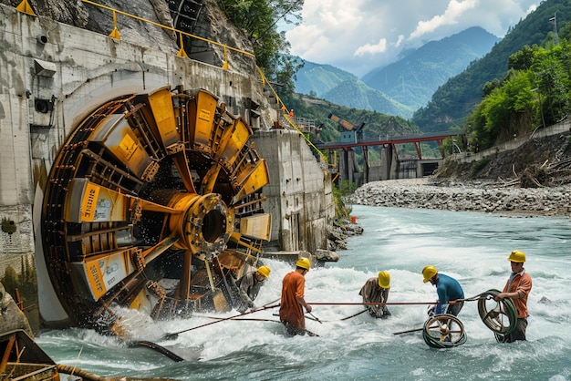 Técnicos instalando turbinas hidroeléctricas en un río aprovechando la energía del agua que fluye para ge