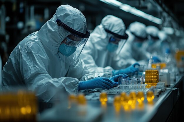 Técnicos de laboratorio con trajes de protección