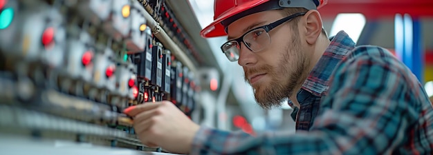 Foto técnicos peritos e engenheiros profissionais inspecionam a cablagem elétrica no painel de controle de qualidade