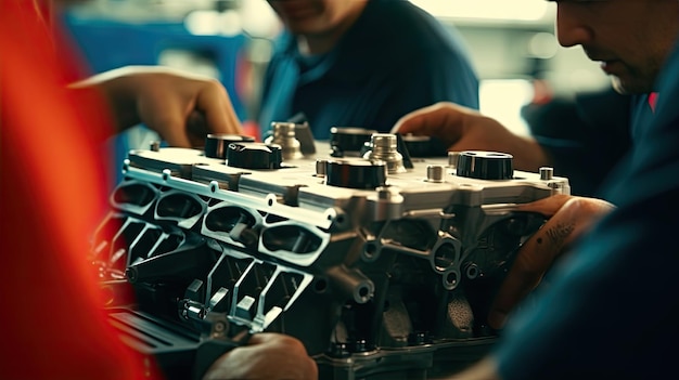 Foto los técnicos de una planta de ensamblaje de automóviles están instalando motores y soldando chispas para automóviles en la línea de producción dentro de la fábrica