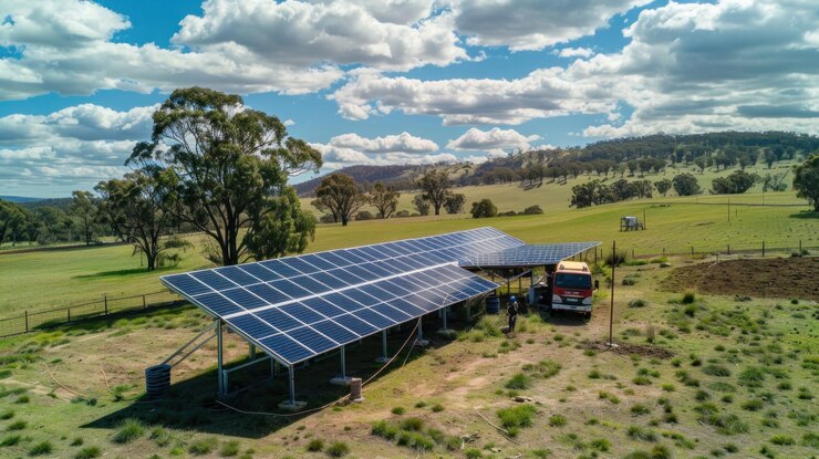 Técnicos que instalan un sistema de energía solar independiente en una propiedad que hace hincapié en las energías renovables