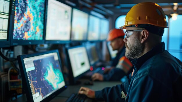 Técnicos que monitorean los datos en las pantallas de las computadoras en una sala de control en una plataforma petrolera