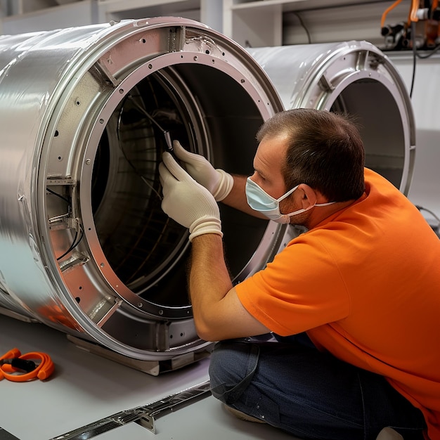 Técnicos que montan un conducto de aire para el aire acondicionado