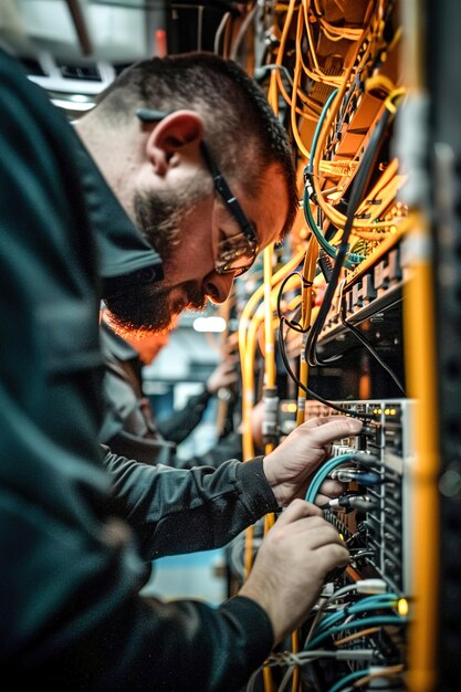 Técnicos que unen cables de fibra óptica en una sala de servidores para garantizar una conexión fiable a Internet de alta velocidad