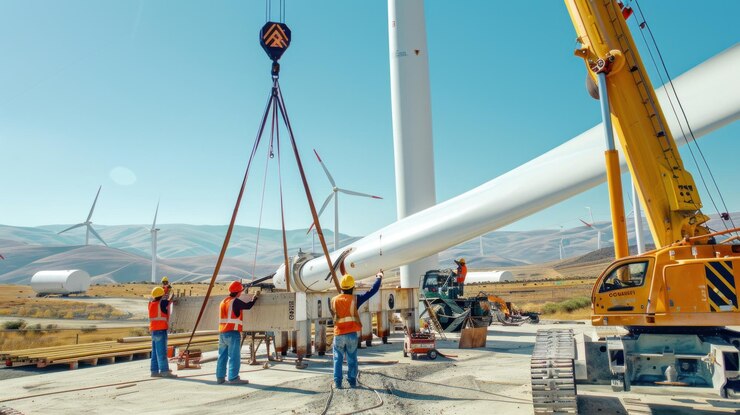 Técnicos reparando una pala de una turbina eólica con una grúa