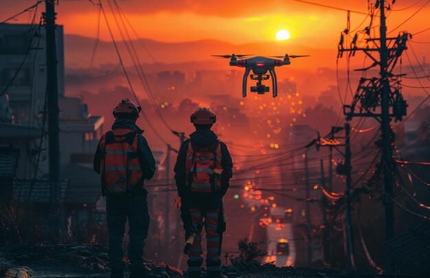 técnicos usando um drone em uma linha de energia elétrica