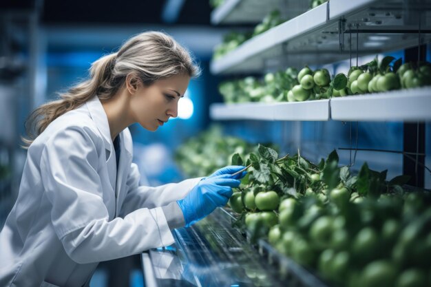 Tecnóloga feminina a trabalhar num armazém de frutas a verificar o controlo da qualidade do controlo da fábrica de processamento de alimentos