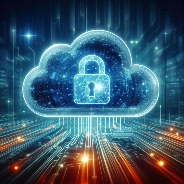 Tecnología abstracta de fondo una nube con un candado en él y una cerradura de cerradura en él