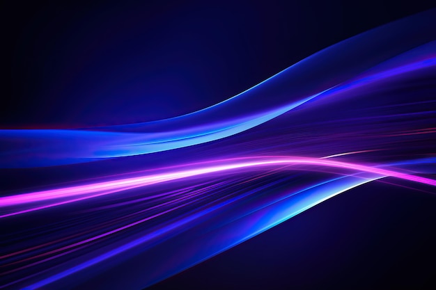 Tecnología abstracta futurista líneas de luz azul y púrpura brillantes con efecto de borrón de movimiento de velocidad en fondo azul oscuro