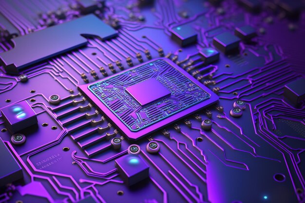 Tecnologia abstrata de chips de processador, o fundo da placa de circuito impresso é roxo Generative AI