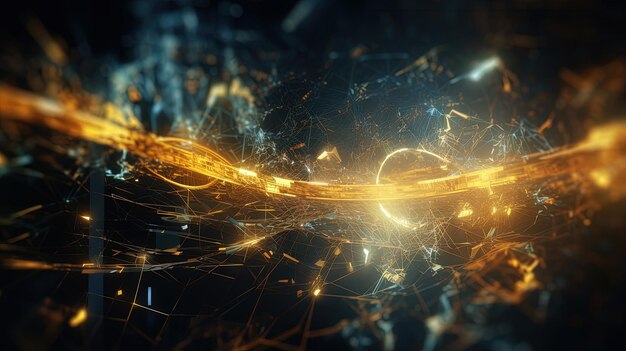 Tecnologia abstrata explosão com fios brilhantes e partículas em movimento Tecnologia e ciência fundo dinâmico