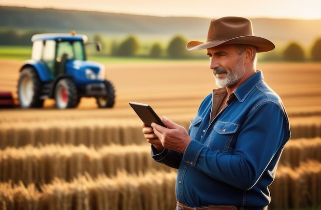 tecnologia agrícola agricultor barbudo usando tablet moderno em campo de trigo com trator