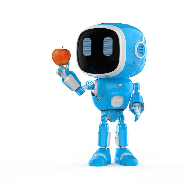 Tecnología agrícola con asistente de robot con manzana roja.
