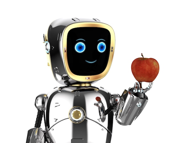 Tecnología agrícola con asistente de robot de renderizado 3d con manzana roja