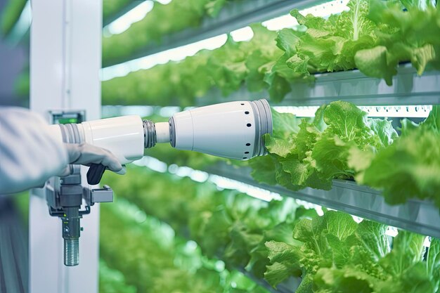 Tecnología Agrícola Automática Con Vista De Cerca Del Brazo Robótico Cosechando Lechuga En Planta Hidropónica Vertical