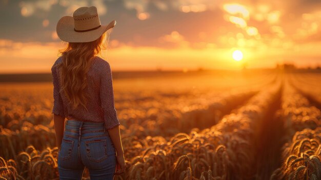 Tecnología agrícola avanzada en acción Mujer joven en los campos de grano de Alberta 39 fusionando tecnología con agricultura IA generativa