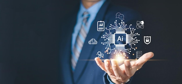 Tecnología Ai Hombre de inteligencia artificial que usa tecnología robot inteligente AI inteligencia artificial ingresando el símbolo del sistema para generar algo Transformación de tecnología futurista Chatea con AI