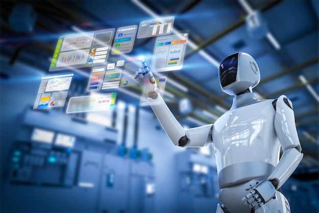Tecnología AI con robot humanoide con interfaz gráfica HUD
