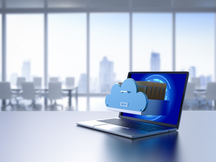 Foto tecnología de almacenamiento en la nube con archivos en la nube en el portátil