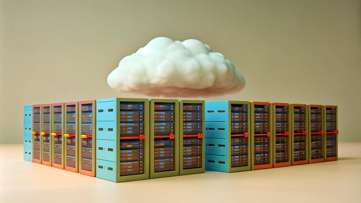 Foto tecnología de almacenamiento en nube ilustración de renderización 3d almacenamiento de datos en línea y computación en nube con nube blanca sobre fondo azul