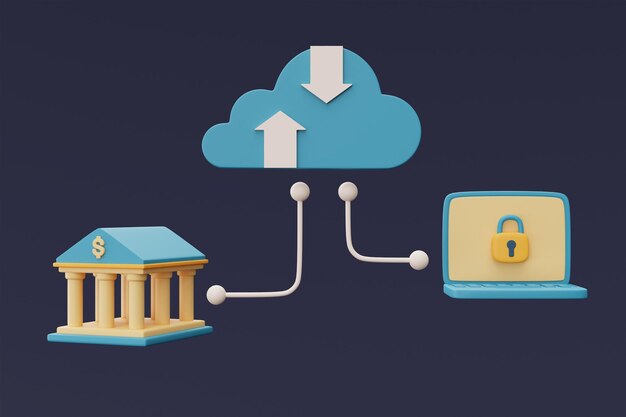 Tecnología de almacenamiento en la nubeLa computadora se conecta al almacenamiento de datos en línea y transfiere informaciónbase de datosseguridadestilo minimalistaRepresentación 3d