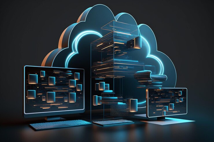 Foto tecnología de alojamiento de computación en la nube 3d con dispositivos electrónicos